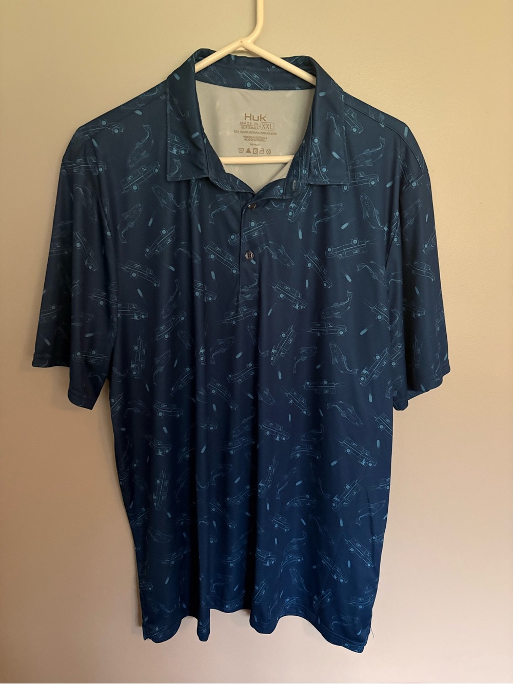 Huk Men's Navy Polo with Light Blue Fishing Print